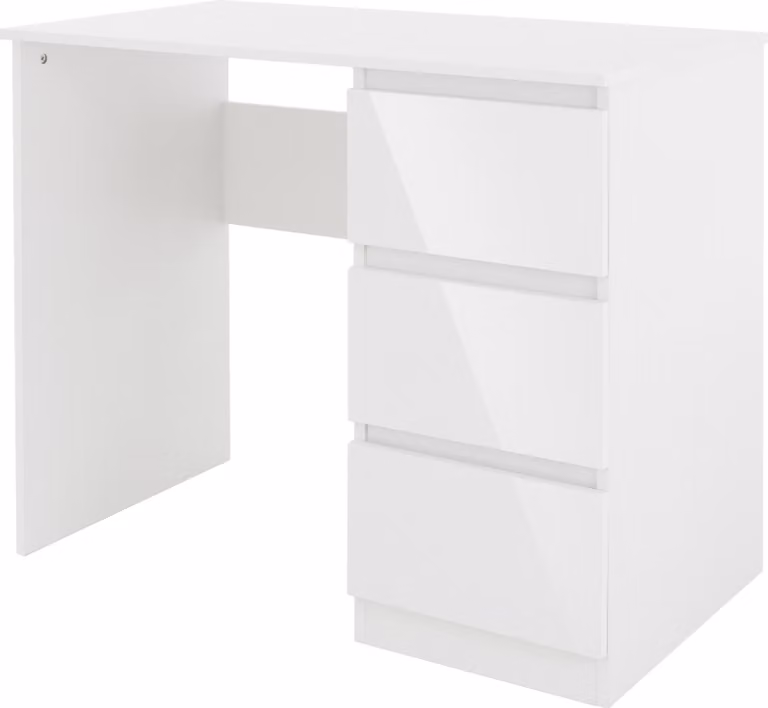 ML-Design scrivania con 3 cassetti, 90x76x50 cm, bianco, frontali dei cassetti lucidi, ampio spazio di archiviazione, per la casa e l'ufficio