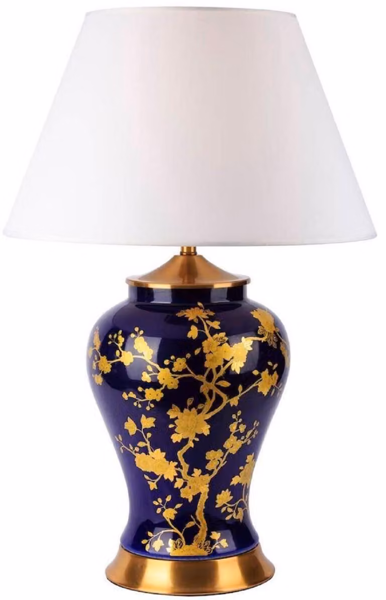 Casa Padrino lampada da tavolo in Vetroceramica blu / oro / bianco Ø 42 x H. 72 cm - Lampada da tavolo rotonda in Vetroceramica con paralume - Luci in Vetroceramica