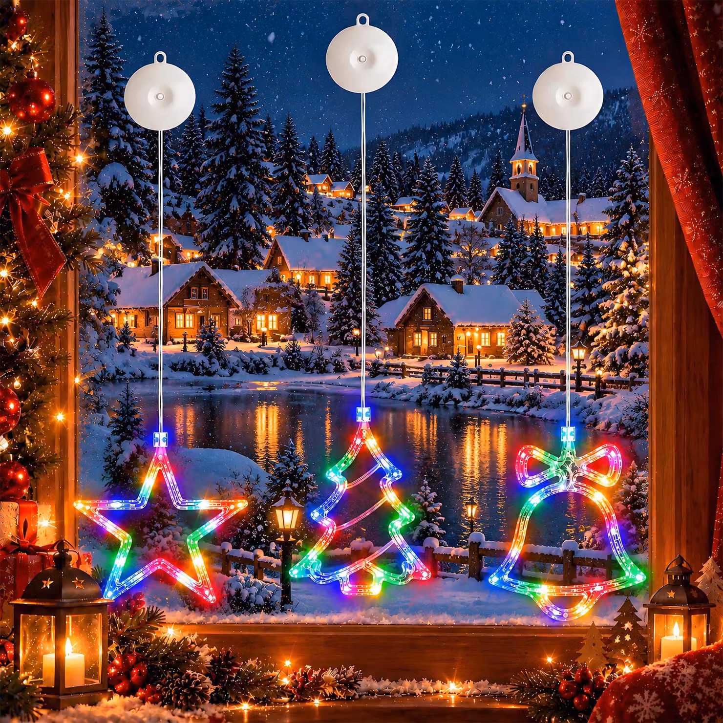 Set di 3 luci a LED per finestre, ideali per Natale, multicolore, con timer e alimentazione a batteria