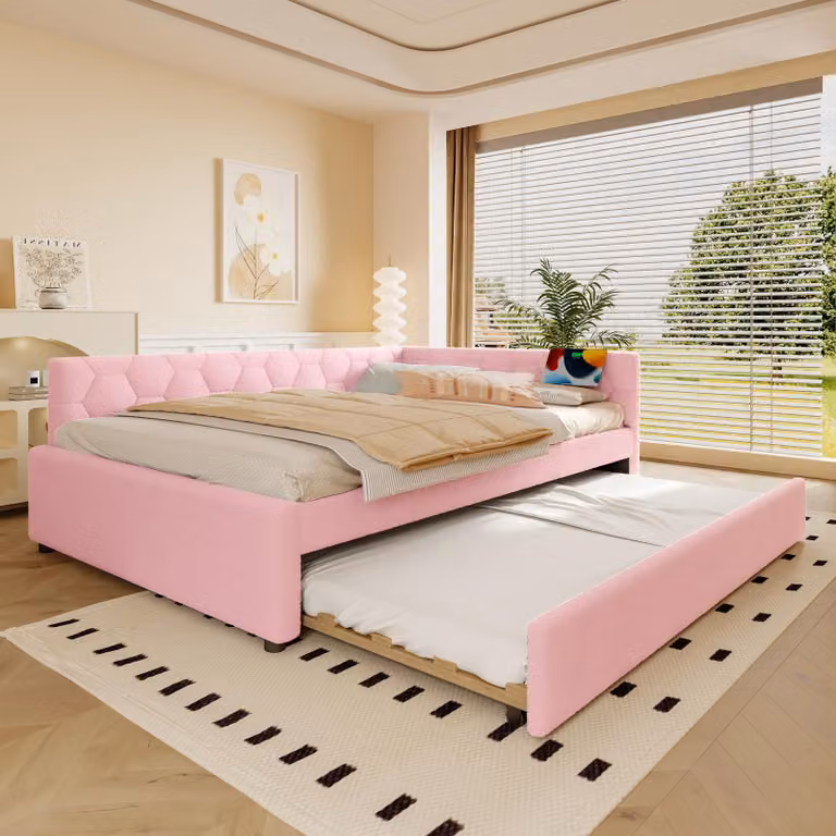 Letto a giorno 140 x 200 cm con letto estraibile, prese USB e di tipo C, lampada da comodino e rete a doghe, rivestito in tessuto simile al velluto/MDF, senza materasso, colore rosa