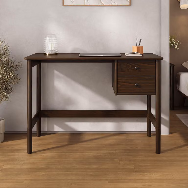 Scrivania MARLO con 2 cassetti in legno massiccio, colore noce - Scrivania in legno con spazio di archiviazione, design minimalista, piano del tavolo con bordi ammorbiditi, legno di pino massiccio