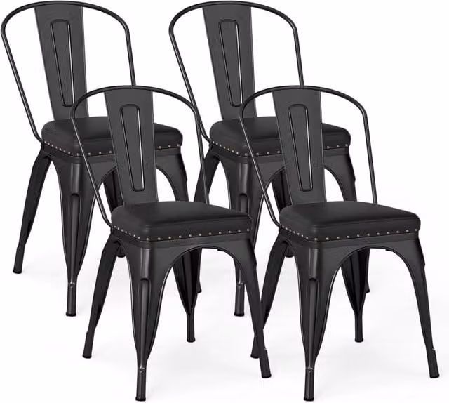 Set di 4 sgabelli da cucina impilabili Costway in metallo con sedile imbottito in finta pelle e schienale rimovibile, colore nero, L: 53 cm, P: 44 cm, H: 84 cm