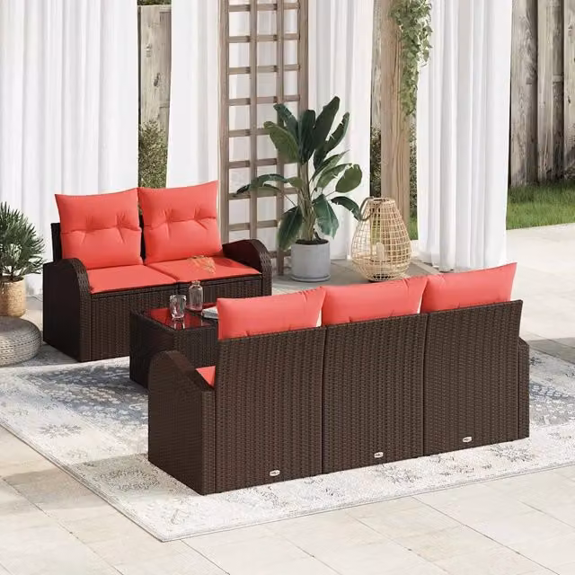 Set Divano da Giardino 6 pz 5-Numero di posti Beige e Rosso 3354593