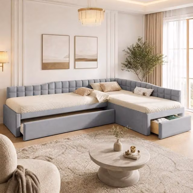 Letto angolare imbottito 90x200 grigio con letto estraibile e cassetti
