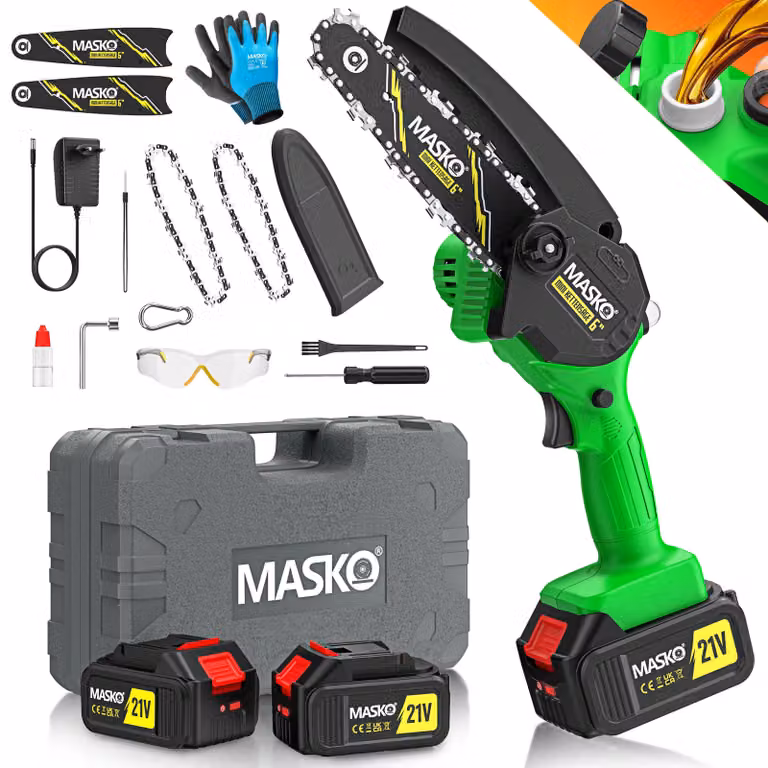 Mini motosega MASKO® con batteria da 8000 mAh | Motosega elettrica portatile con 2 batterie da 4000 mAh per potatori/tagliarami/taglio del legno | Motosega da 800 W con sistema di lubrificazione automatico