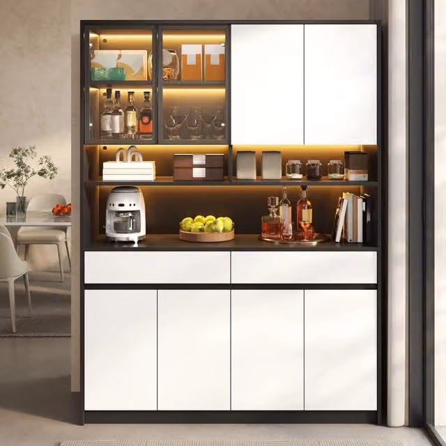 Sideboard alto con illuminazione LED a colori controllabile via APP, vano espositivo in vetro e ripiano aperto, mobile contenitore per soggiorno