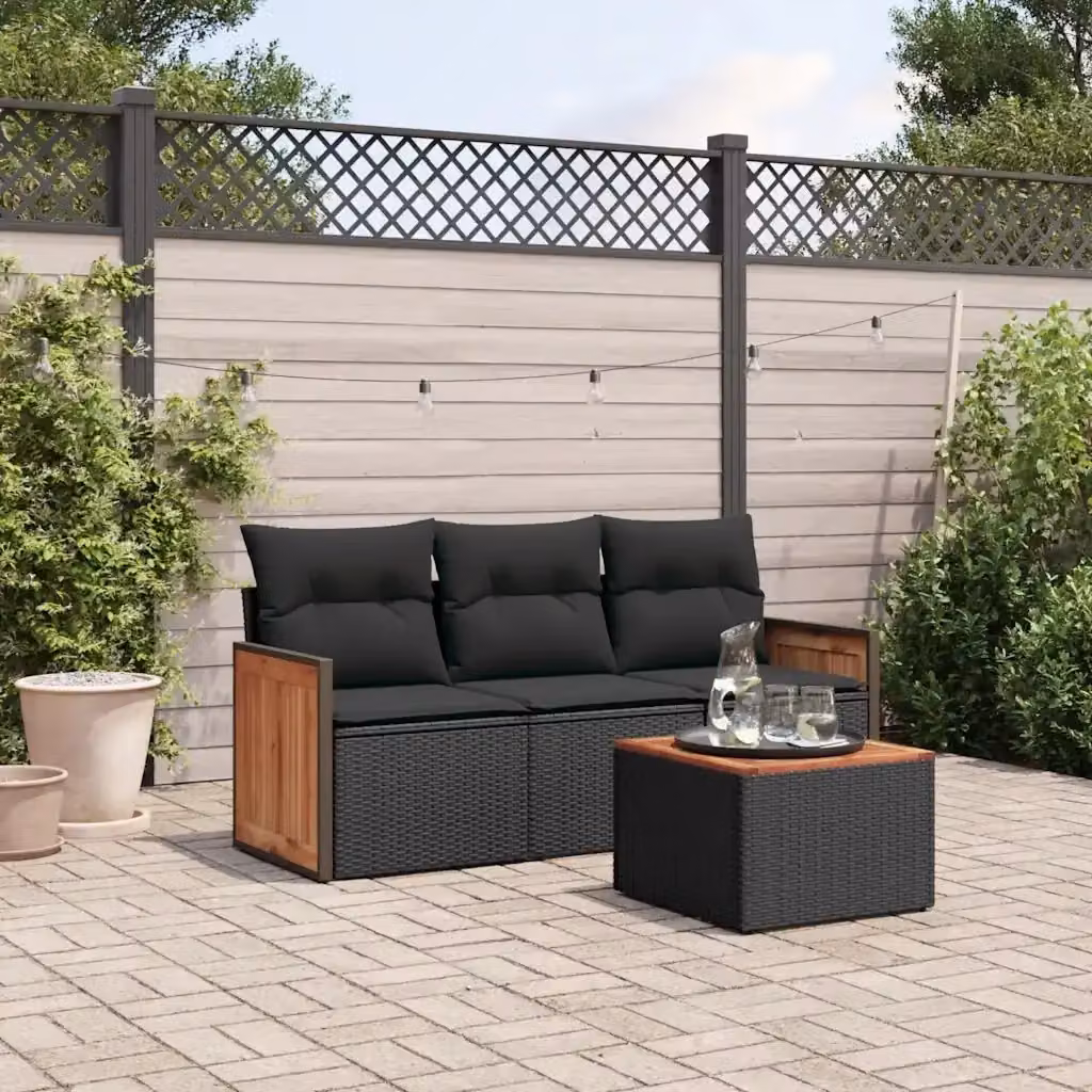 Set Salotto da Giardino Outsunny 4 Pezzi in Polyrattan Nero con Cuscini e Tavolino – 2