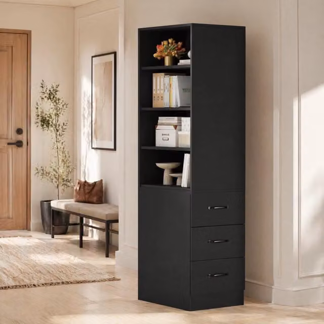 Libreria stretta nera con 3 cassetti laterali, 60 x 38 x 180 cm
