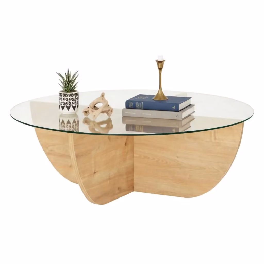 Tavolino da salotto circolare Jolanda DMORA in legno rovere marrone e vetro trasparente, L/P/H: 90 x 90 x 30 cm – 2