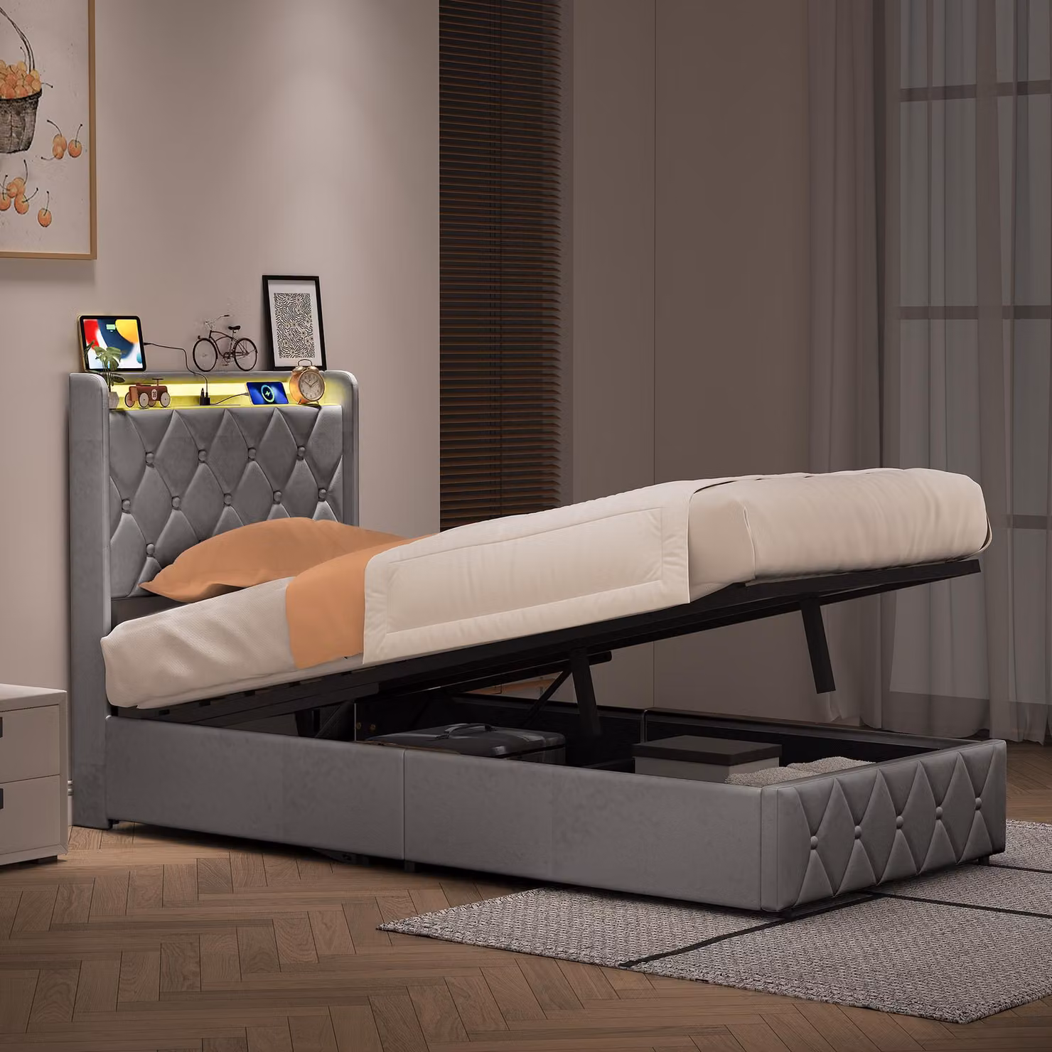Letto imbottito 90x200 cm con contenitore, luci LED RGB, porta USB-C, sistema di sollevamento idraulico, spazio contenitivo, testiera imbottita, letto singolo color grigio