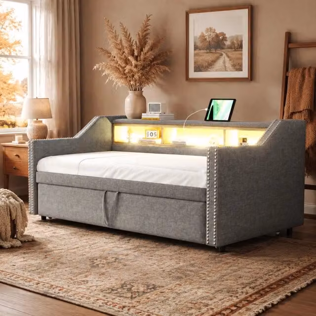 Divano letto imbottito estraibile 90/180 x 190 cm con vani portaoggetti; LED e USB; grigio chiaro