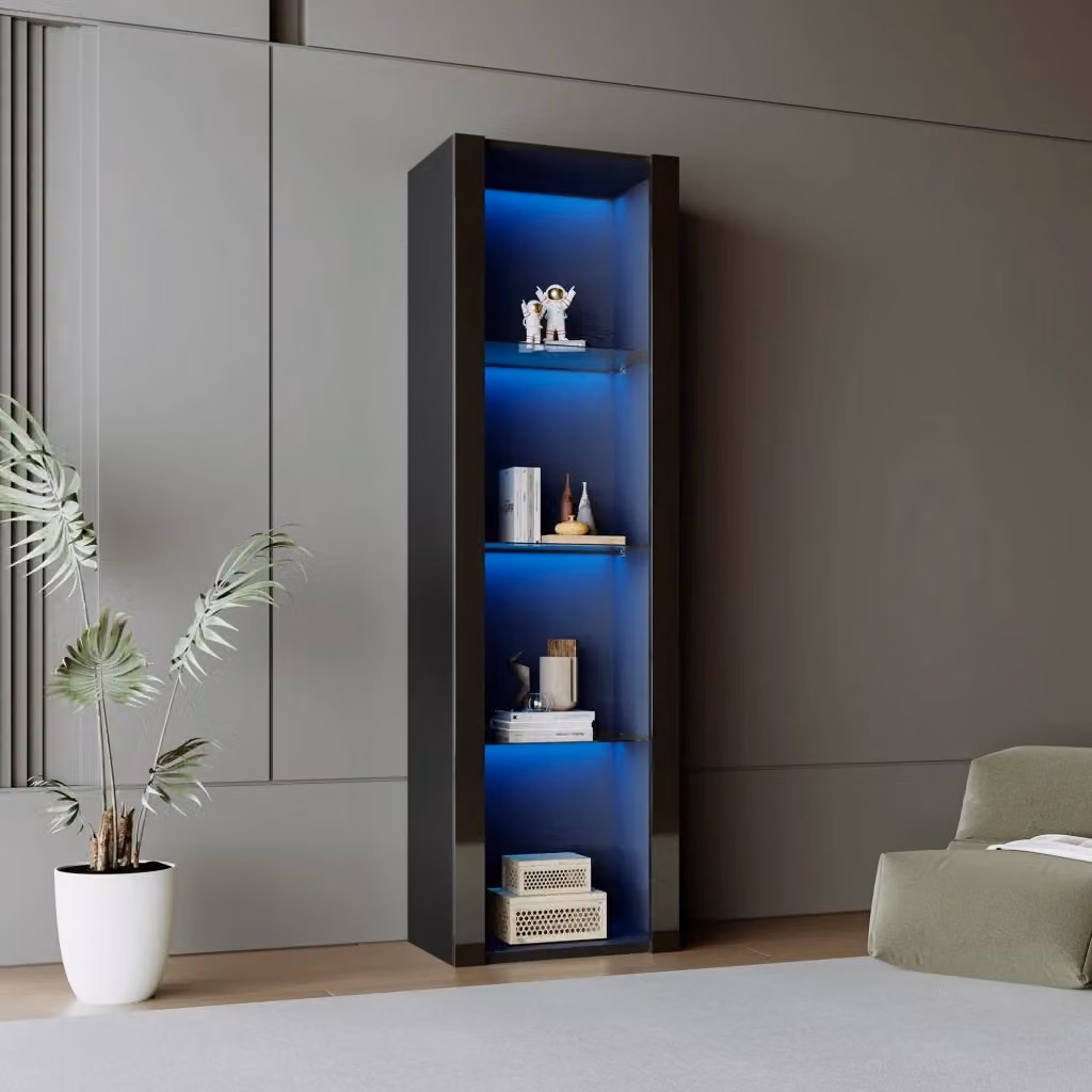 Vetrina alta MODFU con ante in vetro e illuminazione LED integrata, nero lucido, L: 55 cm, P: 38 cm, H: 166 cm – 2