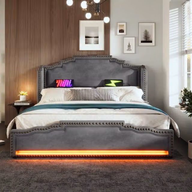 Letto Contenitore REDOM in Velluto Grigio con Illuminazione LED e Porte USB Type C, L/P: 160 x 200 cm