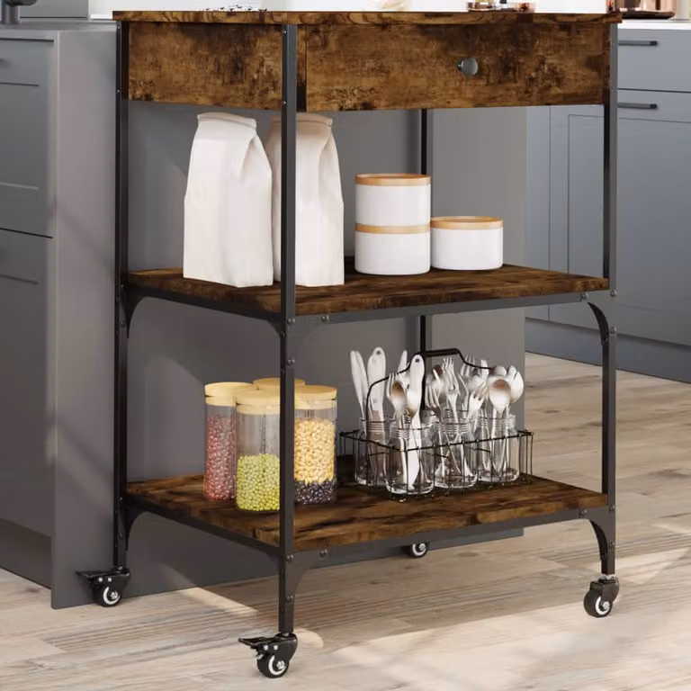 Carrello da cucina vidaXL in stile industriale, Rovere Fumo, L 60 cm x P 48 cm x H 89,5 cm