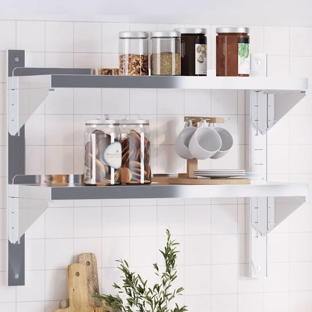 vidaXL Mensola a Muro con 2 Ripiani in Metallo Argento, Design Moderno L: 75 cm, P: 23,5 cm, H: 60 cm