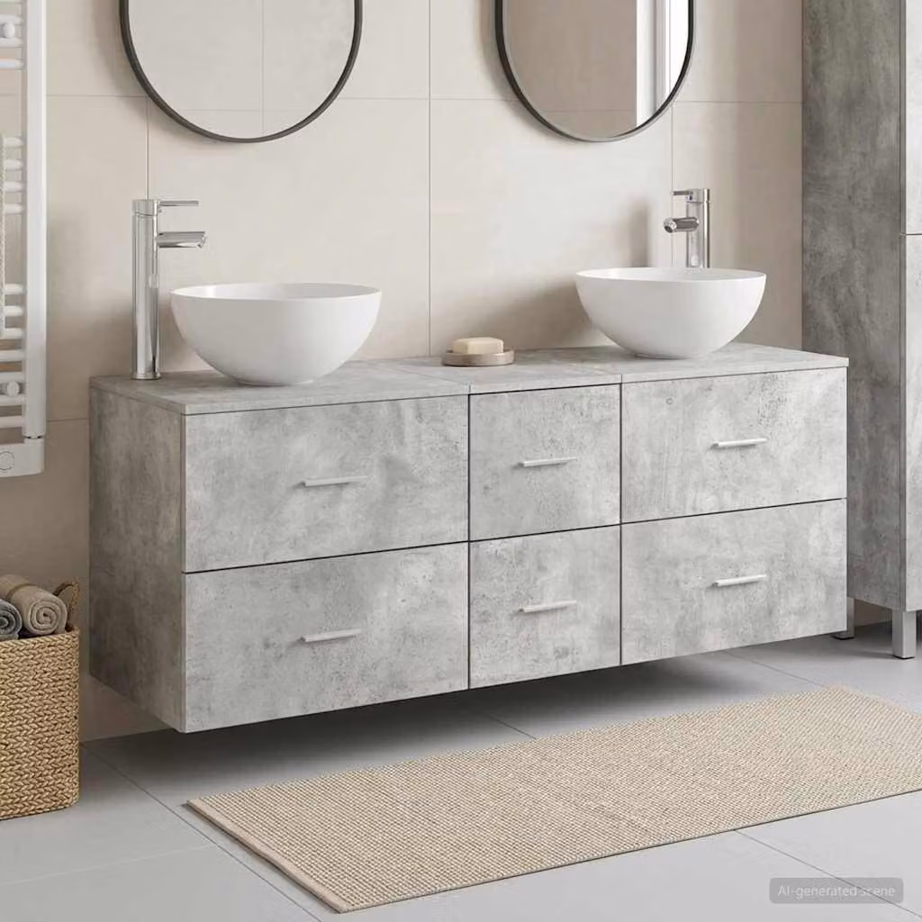 Set di mobili da bagno moderni vidaXL in 3 pezzi colore grigio opaco con vanità e pensili sospesi in legno e metallo