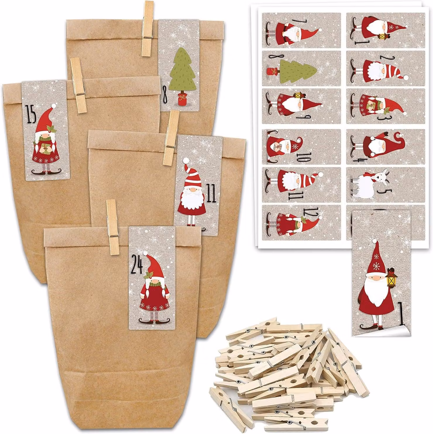 Calendario dell'Avvento da riempire: include 24 sacchetti regalo, 24 adesivi numerati e clip. Motivo: adesivi con forme geometriche, Babbo Natale. Da riempire e personalizzare