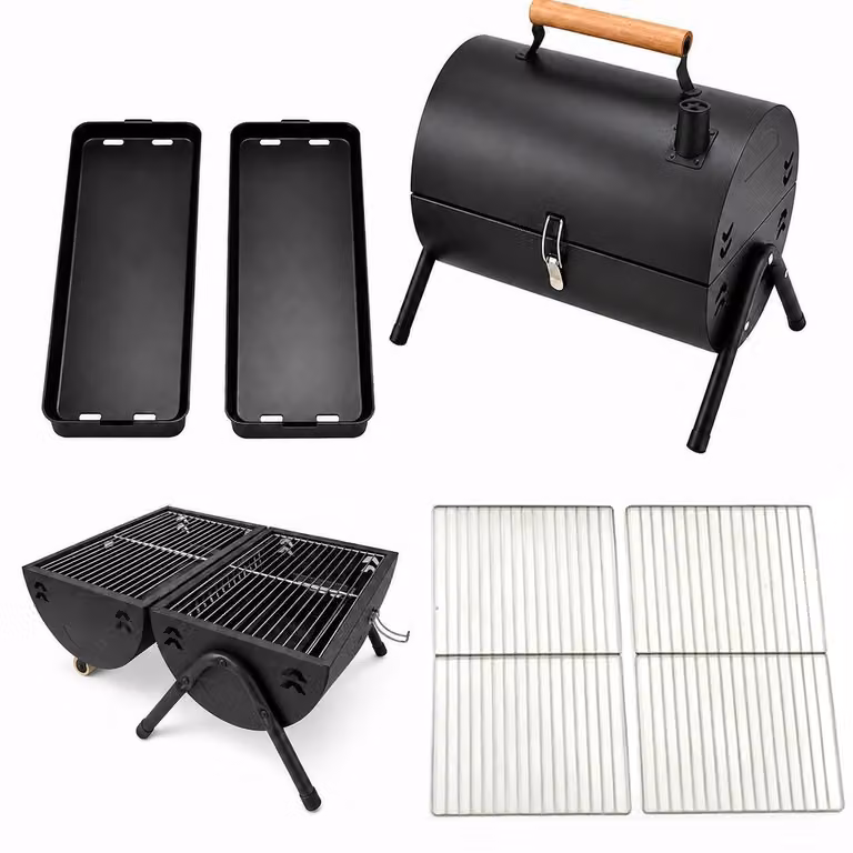 Elzusha - Barbecue portatile a forma di cilindro, con manico in legno, alimentato a carbone