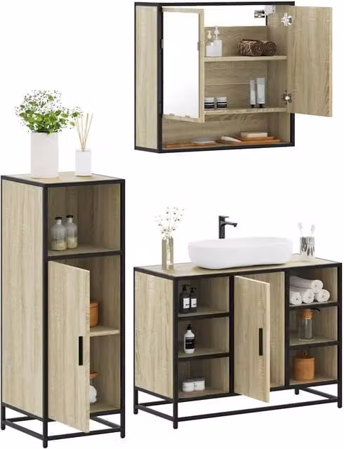 Set Mobili da Bagno 3 pz Rovere Sonoma in Legno Multistrato 3301001