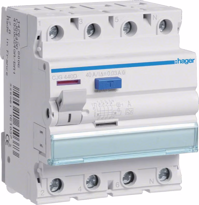Interruttore differenziale Hager 4P 6kA 40A 30mA tipo G/A-VS Hager CJG440D, 1 pz.