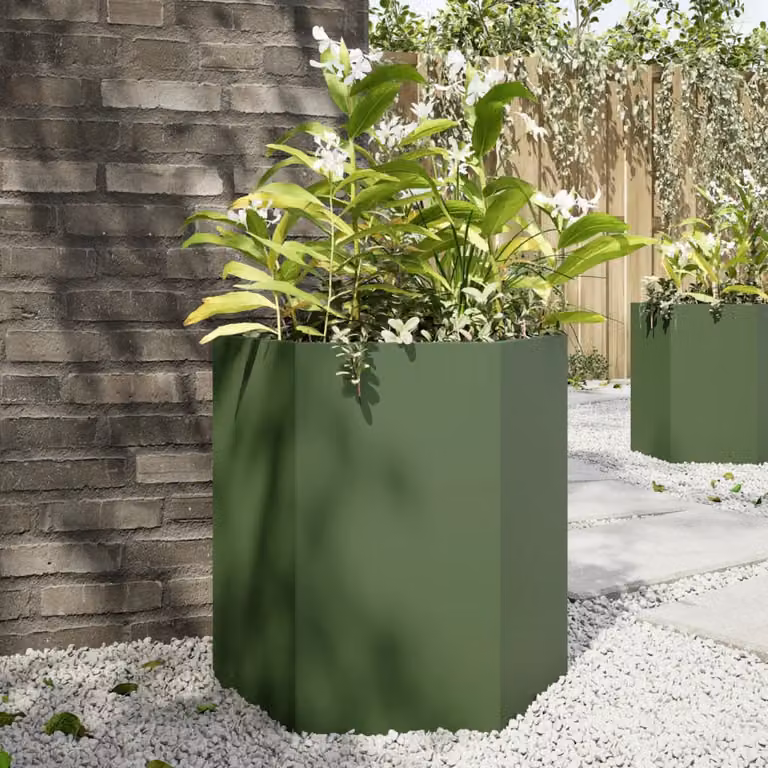 Fioriera da giardino esagonale vidaXL in acciaio verde oliva L: 46 cm, P: 40 cm, H: 45 cm