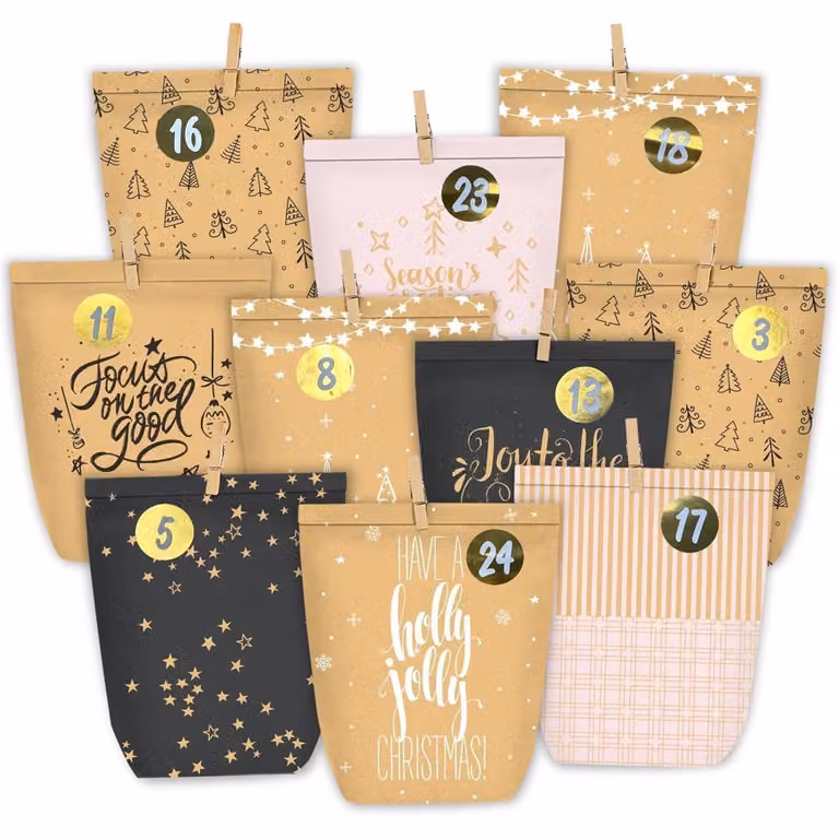Calendario dell'Avvento da riempire, 24 sacchetti di carta con adesivi numerati, color marrone/nero/rosa