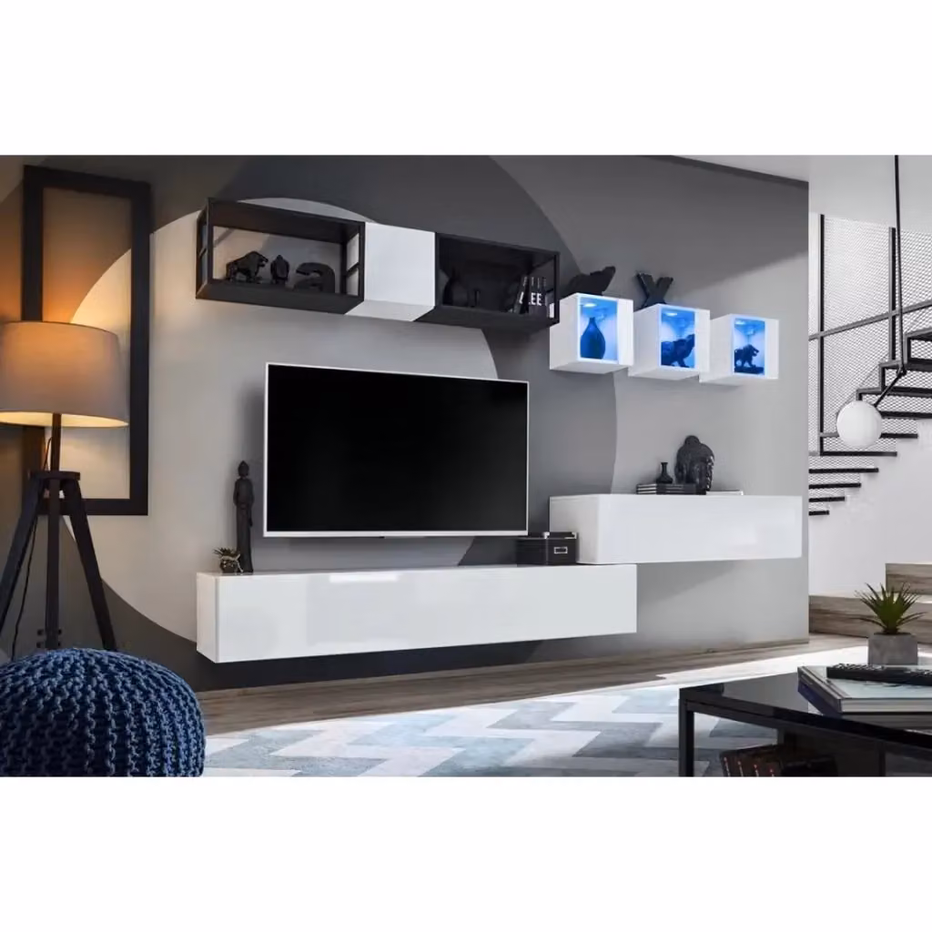 Set mobili da salotto industriale SWITCH M3 Meublorama Bianco con LED integrati e ante in vetro – 2