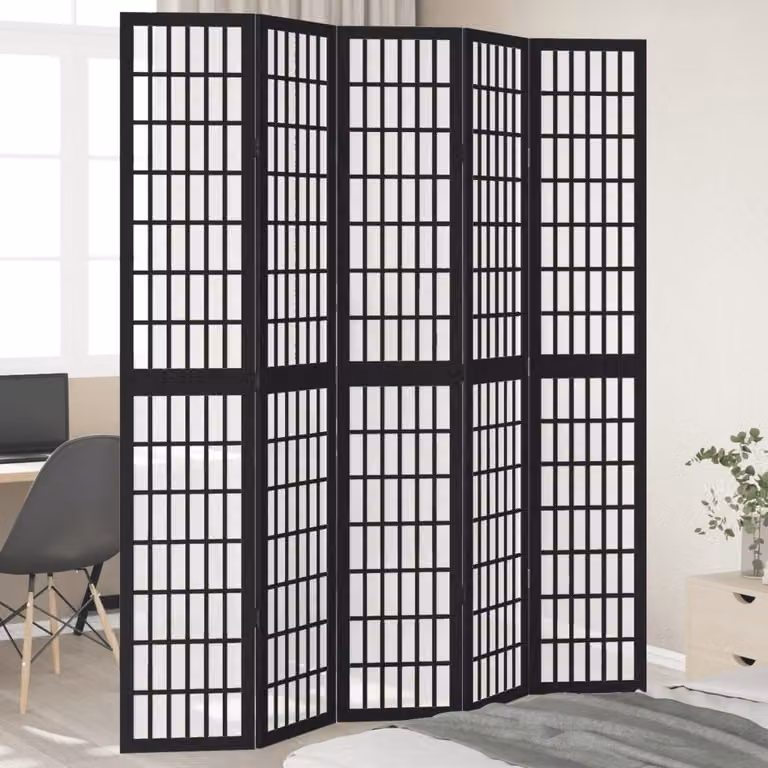 vidaXL Divisorio Ambienti a 5 Pannelli in Legno di Paulownia Nero Opaco H: 175 cm, L: 220 cm