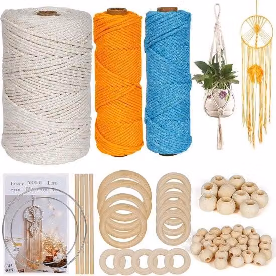 filato macramè fai da te da 64 pezzi - Kit per la realizzazione di acchiappasogni in filato di cotone - Corda di cotone naturale - Per adulti e principianti - Contiene 3 corde, anelli di ferro e anelli di legno