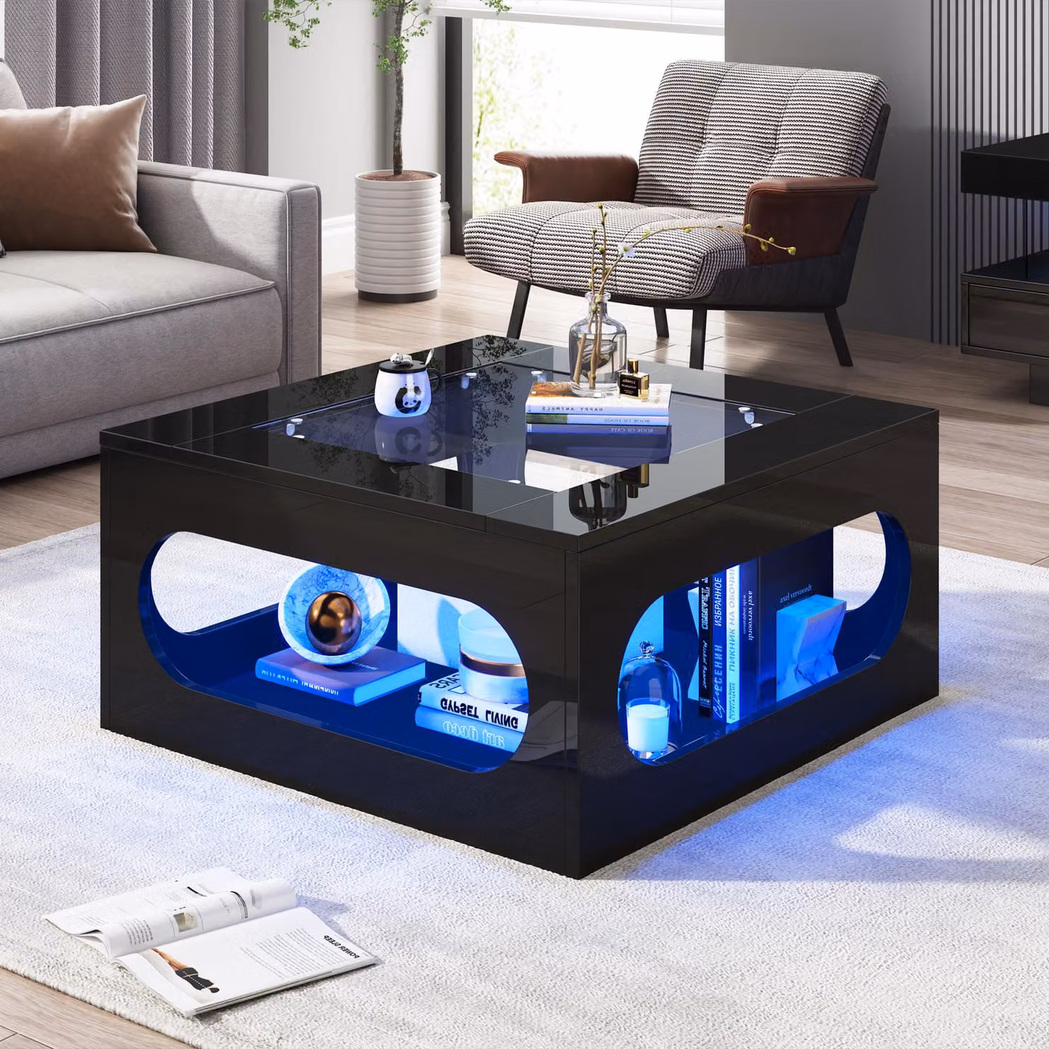 MODFU Tavolino quadrato con striscia luminosa a LED, superficie lucida e vetro temperato, tavolino da salotto o da vacanza, nero