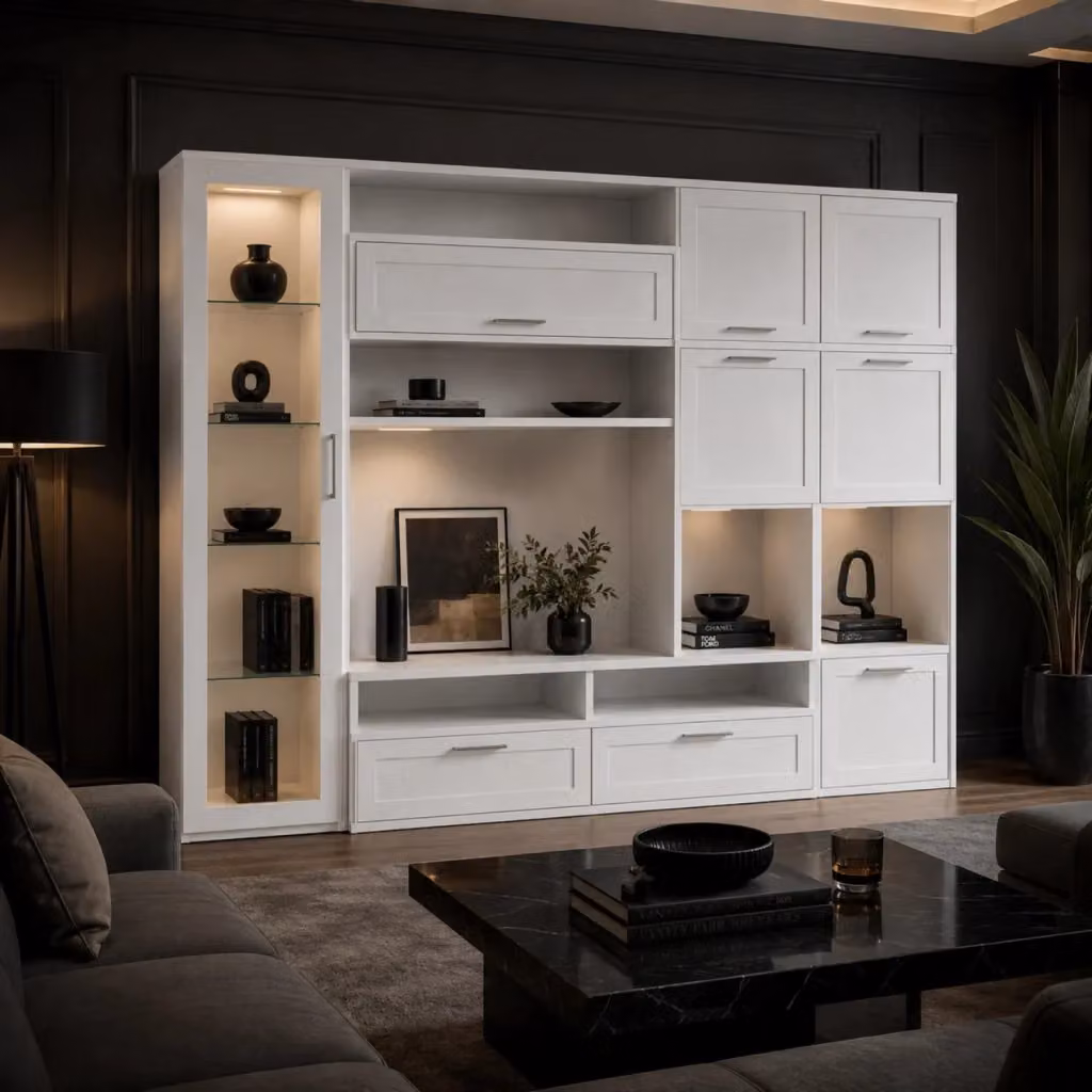 Parete Attrezzata con Vetrina MEGAOFFERTE per Zona Living, Mobile Porta TV con 6 Ante Battenti, 3 Ribalte e Ripiani, Design Moderno Bianco, L 300 x P 50 x H 215 cm – 2