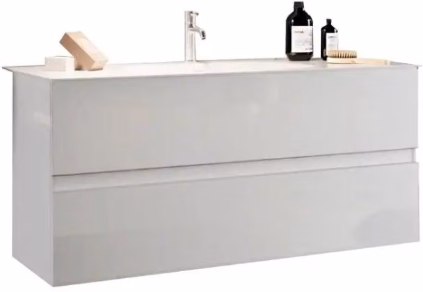 Mobile da bagno sospeso con 1 lavabo e 2 cassetti, lunghezza 82cm, collezione VIENNA. Colore bianco lucido