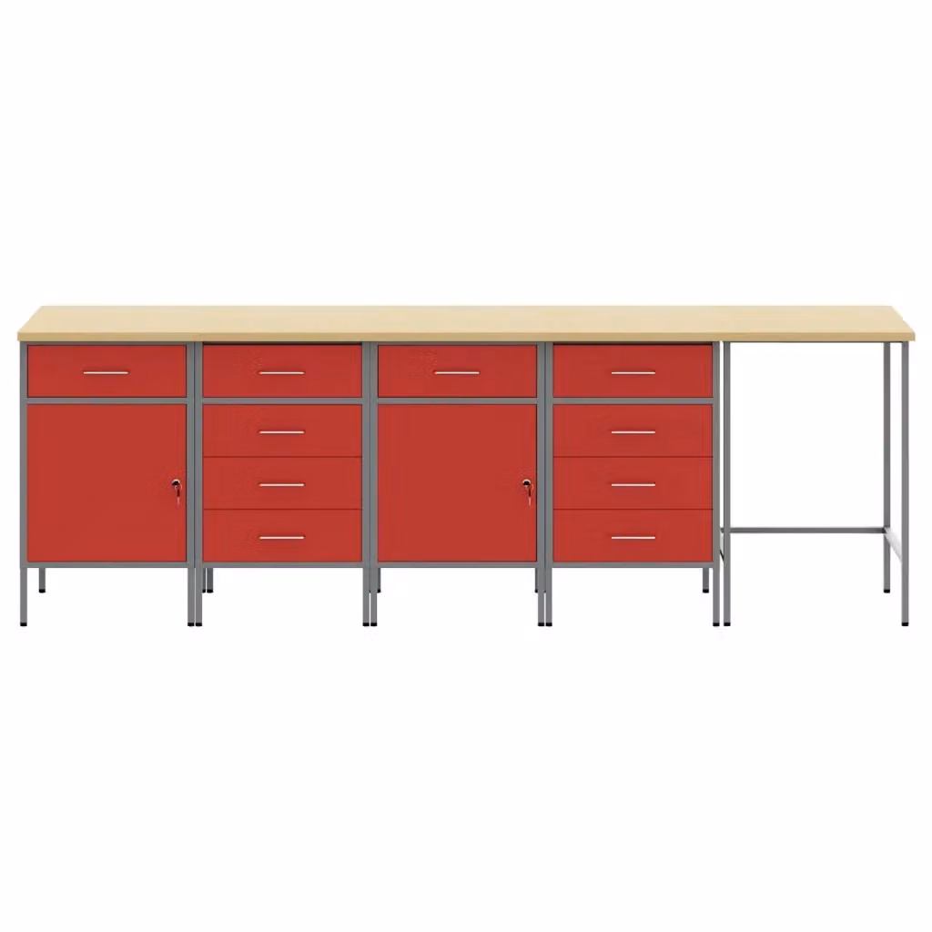Set di mobili da lavoro vidaXL con cassetto in acciaio e legno, 5 pezzi, Rosso e Grigio – 2
