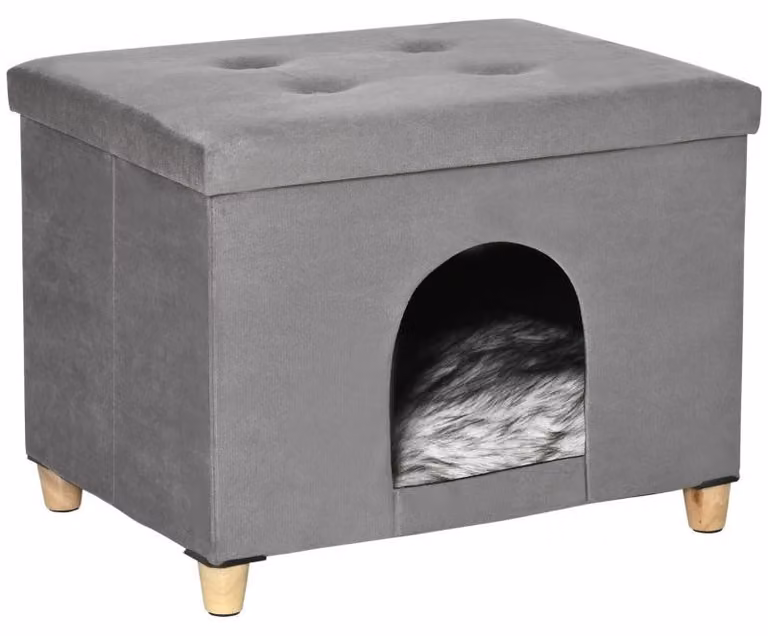 Cuccia per gatti utilizzabile anche come poggiapiedi, con cuscino | Colore: Grigio/Nero/Bianco | Dimensioni: 60x45x44,5 cm