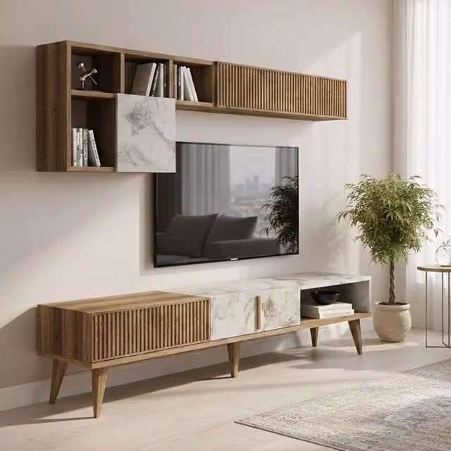 Parete attrezzata Ostro DMORA per soggiorno, mobile salotto moderno con armadio porta TV e mensole, L: 180 cm, P: 35 cm, H: 40 cm, Marrone e Bianco – 1