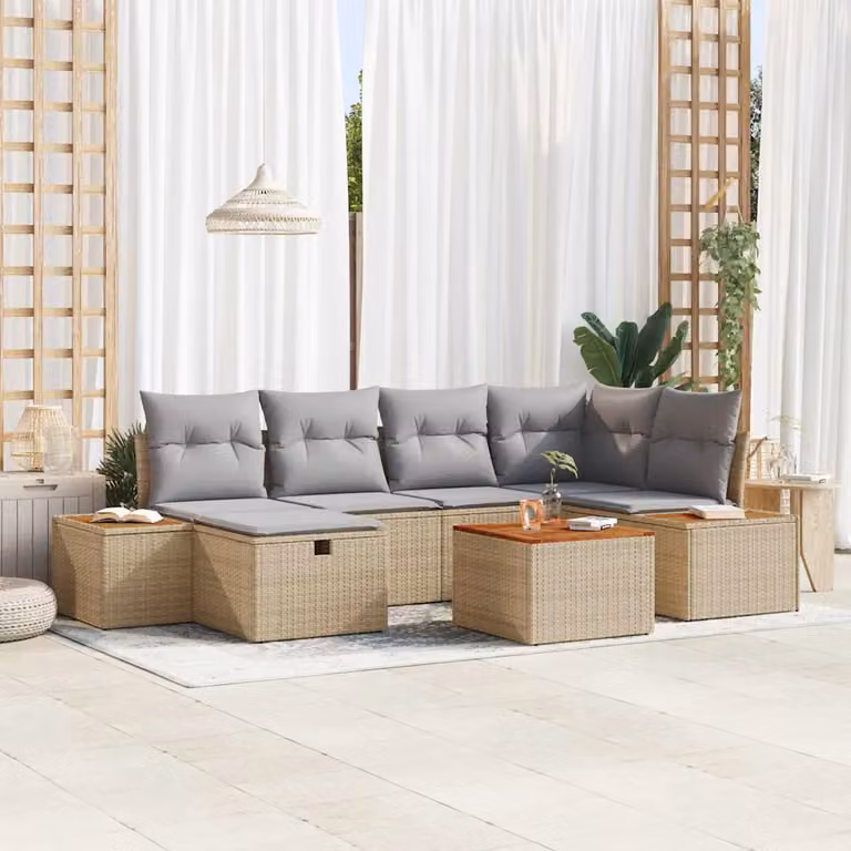 Set Divano da Giardino vidaXL 7 pz in Polyrattan Beige con Cuscini e Tavolino da Esterno L-Shape