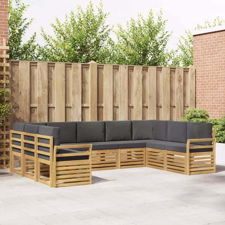 Set di divani da giardino a L vidaXL in legno di acacia massello con cuscini marroni e grigi