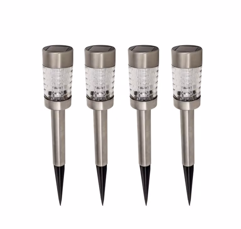 set di 4 lampade solari a LED per esterni | luce solare in acciaio inox con 4 LED | illuminazione da giardino | luce bianca calda | resistente alle intemperie | durata della luce di 6 ore