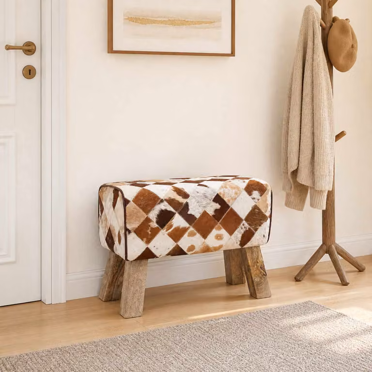 Panca vidaXL in pelle marrone patchwork e legno di mango, L/P/H: 60 x 30 x 45 cm