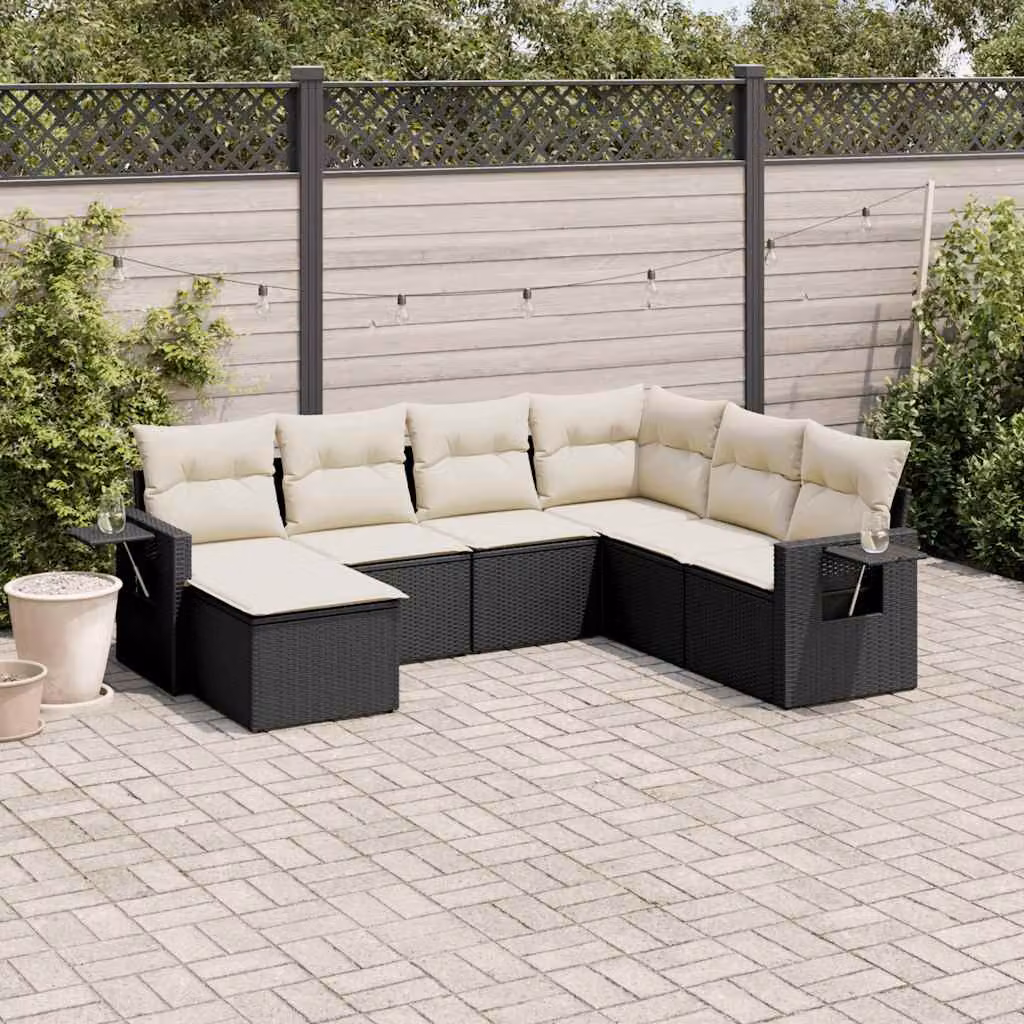 Set Divani da Giardino a L vidaXL in Polyrattan Nero con 7 Cuscini e Tavolino – 1