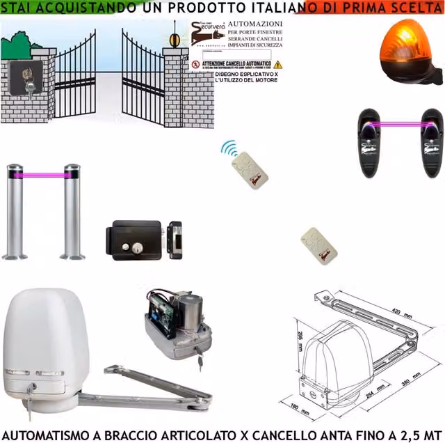 Automazione Cancello Kit Motore a Braccio Articolato 220/24 V Anta da 0,5 a 2,5 MT Elettroserratura Selettore Faro 2 Paline 2 Fotocellule 2 Radiocomandi