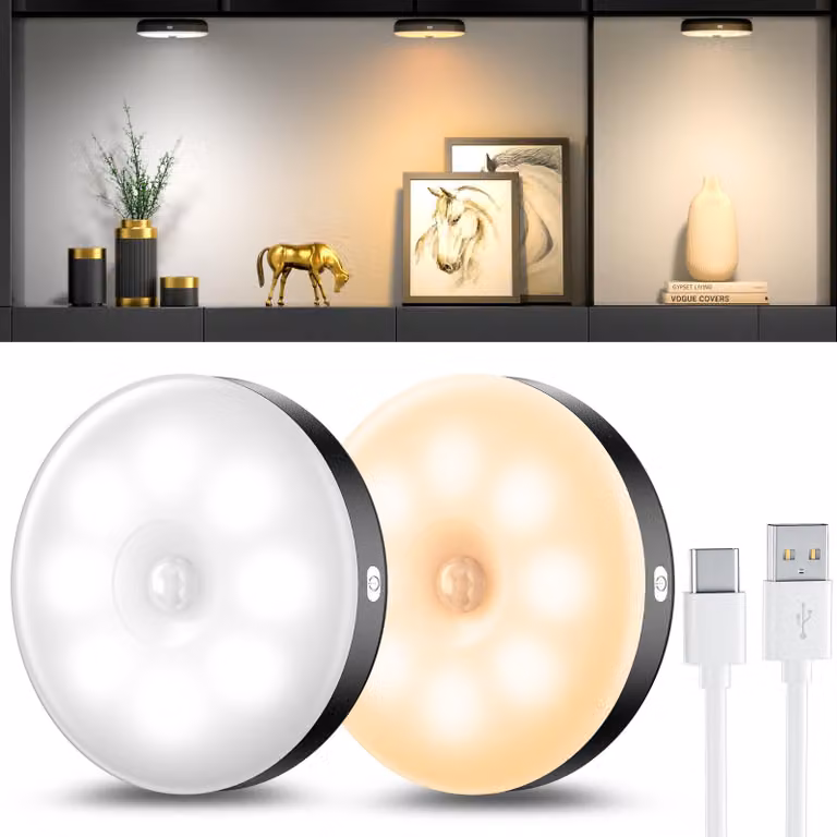 Lampada notturna a LED con sensore di movimento, confezione da 2, ricaricabile tramite USB, con 3 temperature di colore