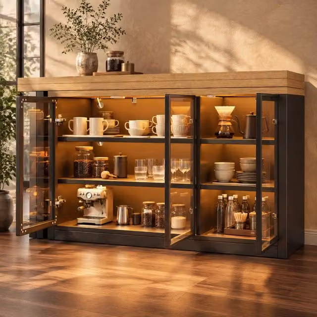 Tavolo da Pranzo Multifunzionale con Mobile Laterale, Piano Girevole a 360° e Sistema di Illuminazione Colorato, Isola Cucina Allungabile, Nero