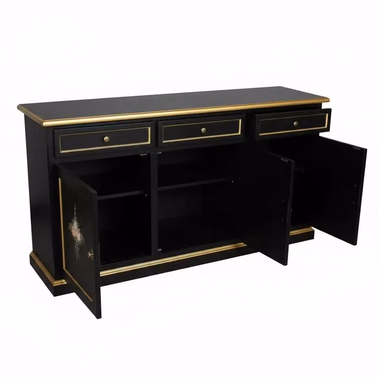 Madia credenza shabby chic in legno con 3 ante e decorazioni floreali nero e oro Mobili 2G L: 156 cm, P: 42 cm, H: 86 cm