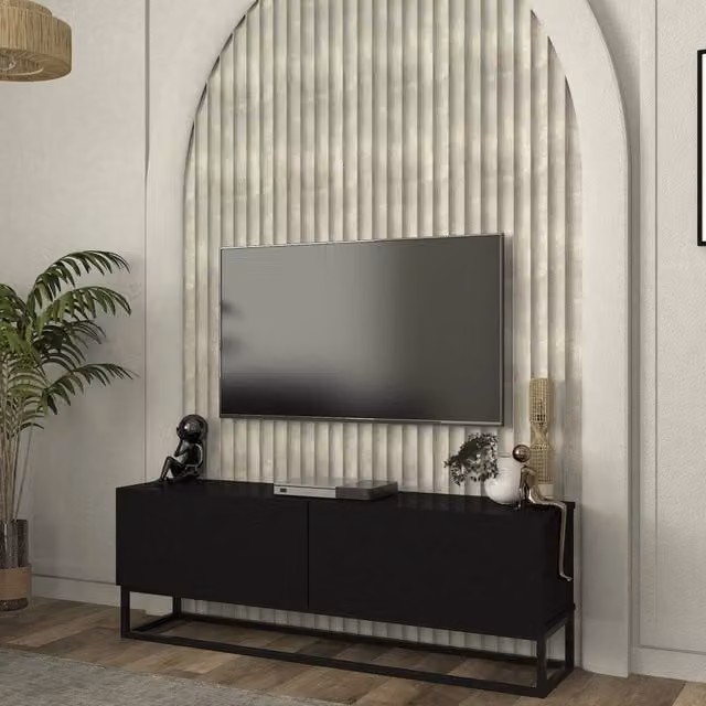 Mobile Porta TV Nolven en.casa con 2 Ante Ribalta e Telaio in Metallo, Nero, L 135 cm x P 31,5 cm x H 46,5 cm