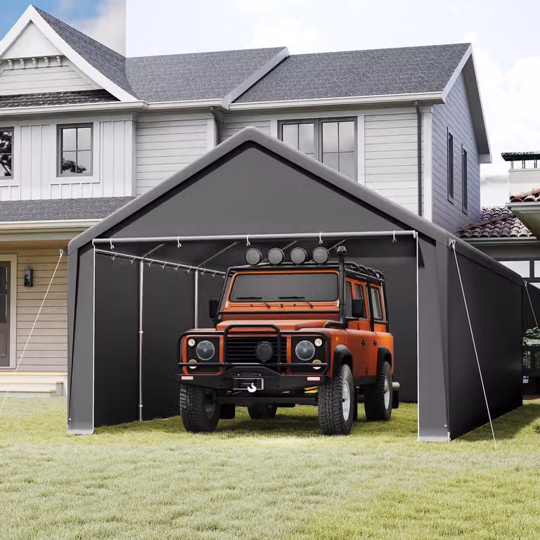 Tenda da campeggio/tettoia carport, dimensioni 4x8 metri, colore grigio, struttura in acciaio zincato, telo in polietilene da 200 g/m², impermeabile, con protezione UV, inclusi i teloni laterali