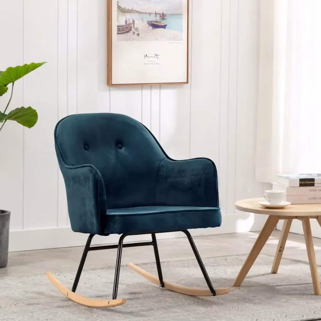 Sedia a Dondolo Blu in Velluto con Struttura in Legno di Faggio e Metallo DESIGN IN – 2