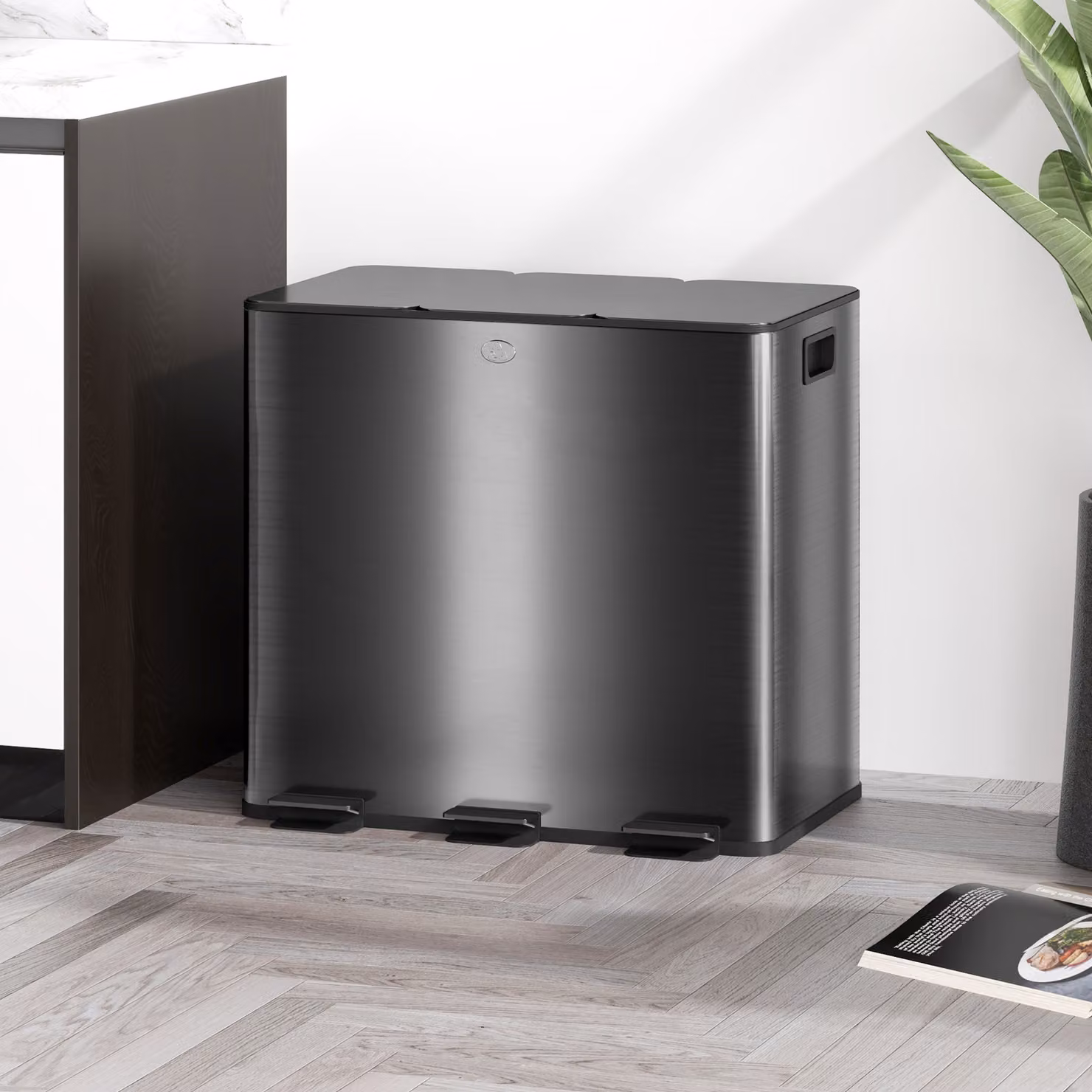 Bidone da cucina HOMCOM da 45L con 3 scomparti da 15L, coperchio con chiusura morbida e secchi interni rimovibili, nero – 2