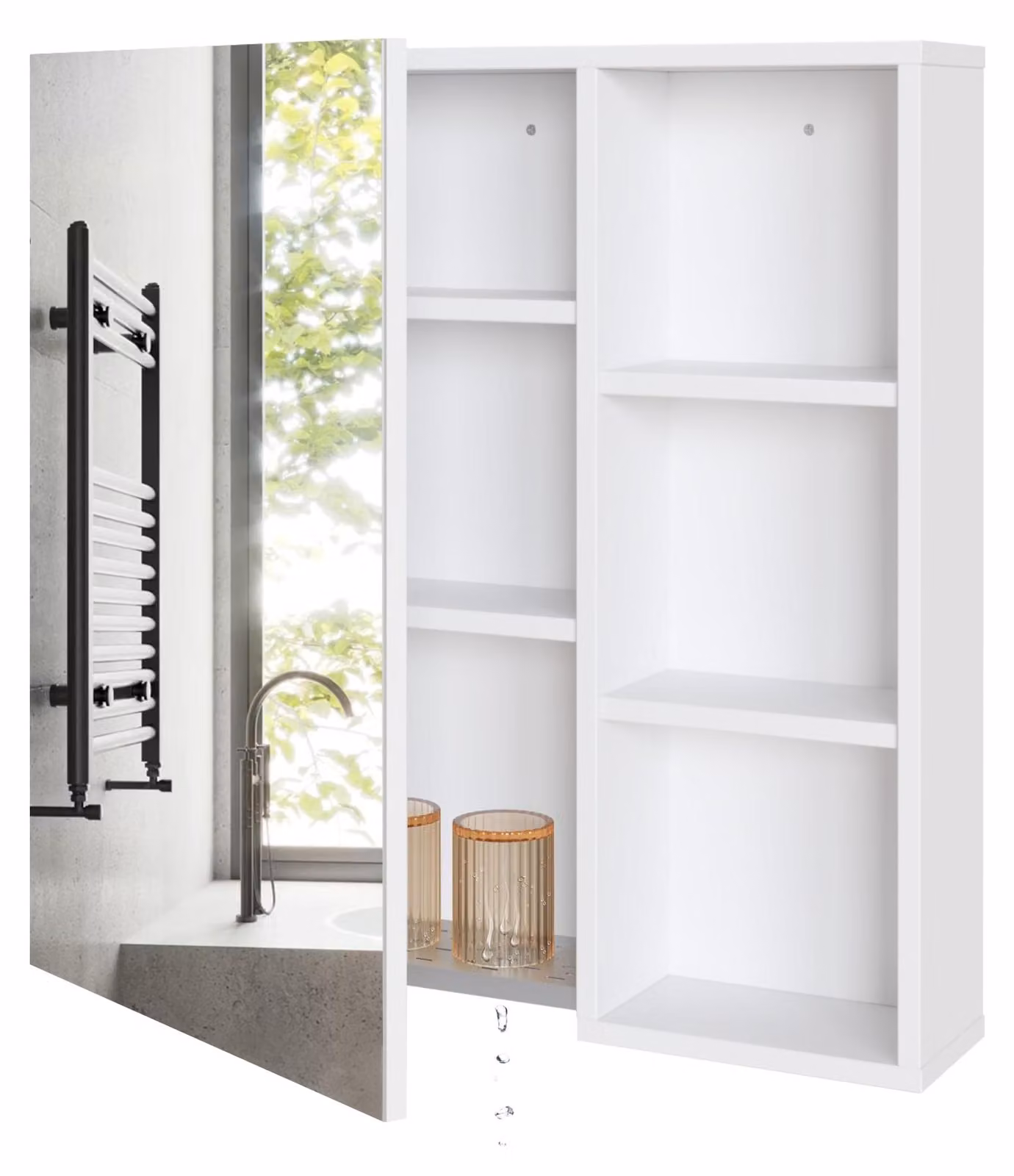 Specchio a muro, dimensioni 65x15x65 cm, bianco, con piano di appoggio e 5 ripiani regolabili