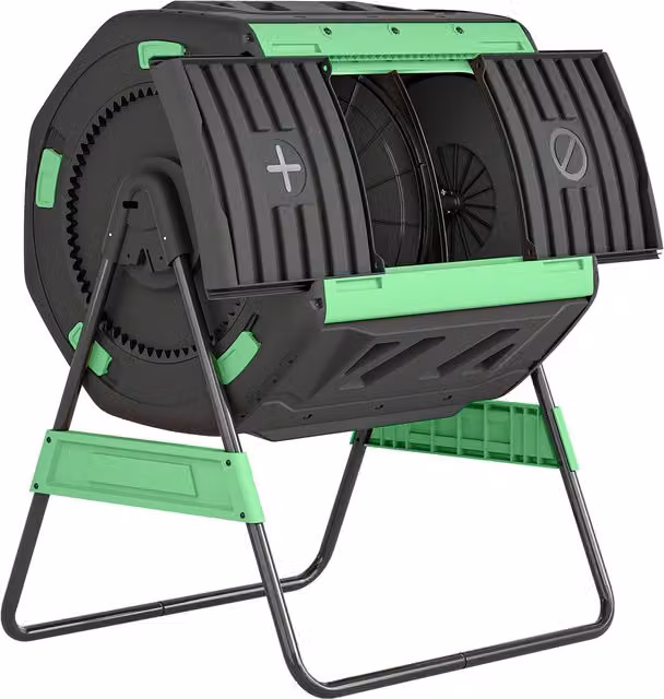 Compostiera Domestica Outsunny a Doppia Camera da 200L con 8 Prese d'Aria in PP e Metallo, H 98 x L 94 x P 67 cm, Verde e Nero